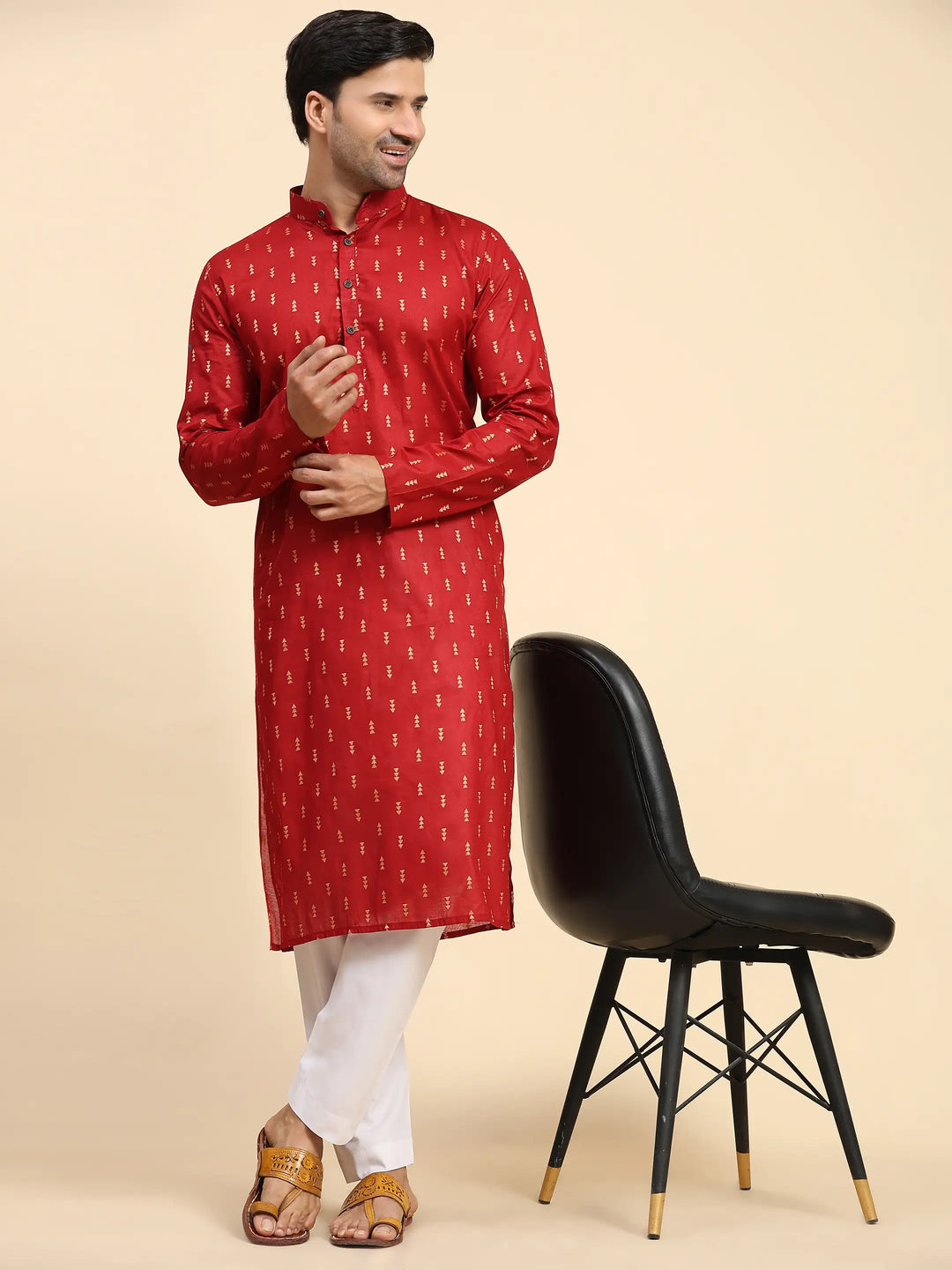 Red Pure Cotton Men's Kurta | Ethnic Kurta Design Handwoven Motifs