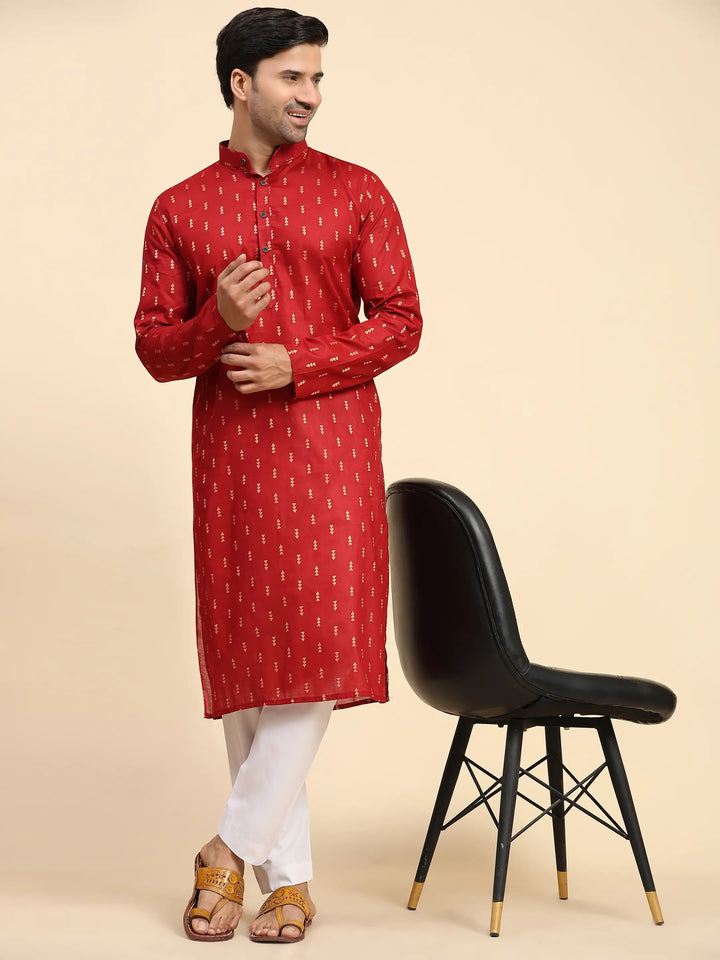 Red Pure Cotton Men's Kurta | Ethnic Kurta Design Handwoven Motifs