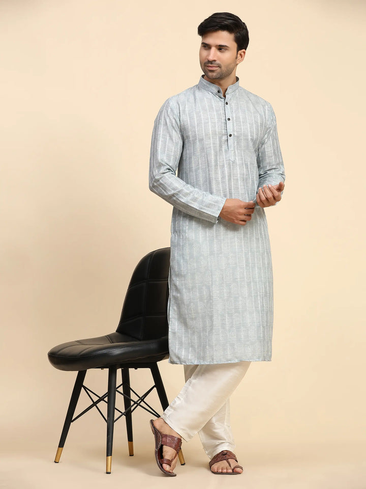 Light-Grey Kurta Pajama Set for Men | Festive Cotton Kurta Wear