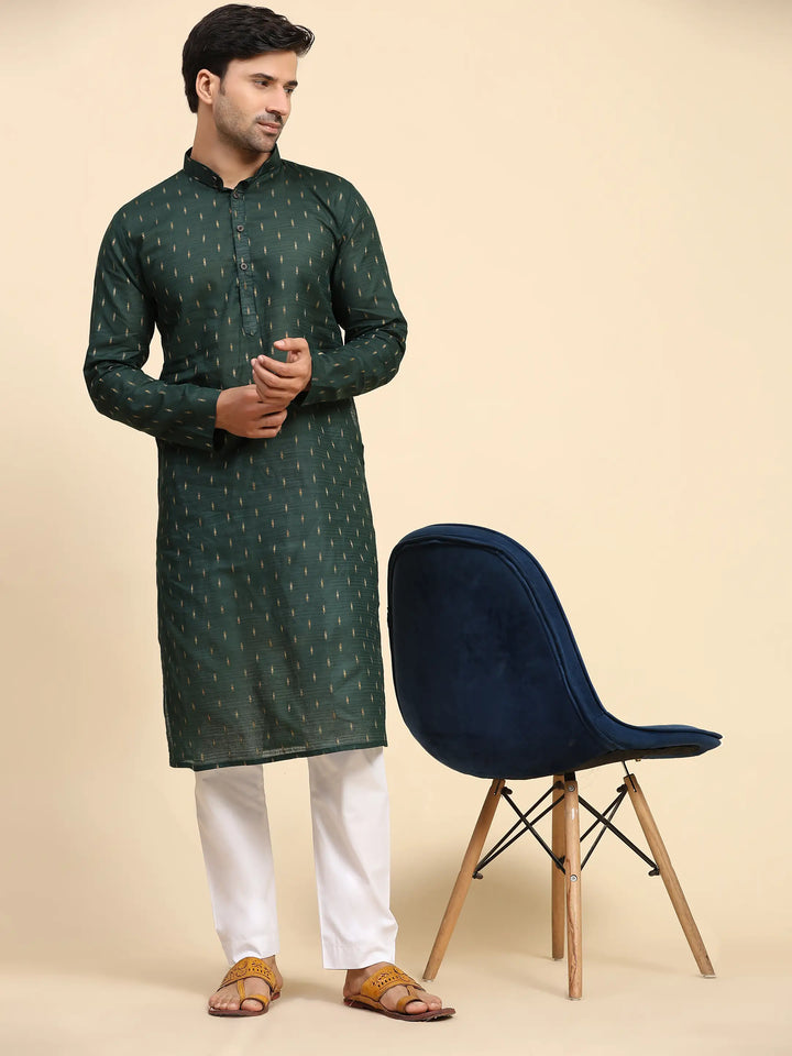 Dark Green Kurta Set for Men | Handwoven Motif Festive Ethnic Wear