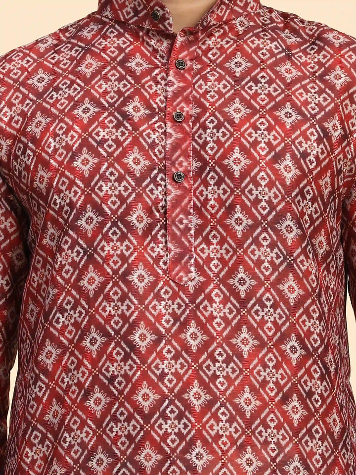 Red Kurta Pajama Set for Men | Bold Geometric Print for Sangeet