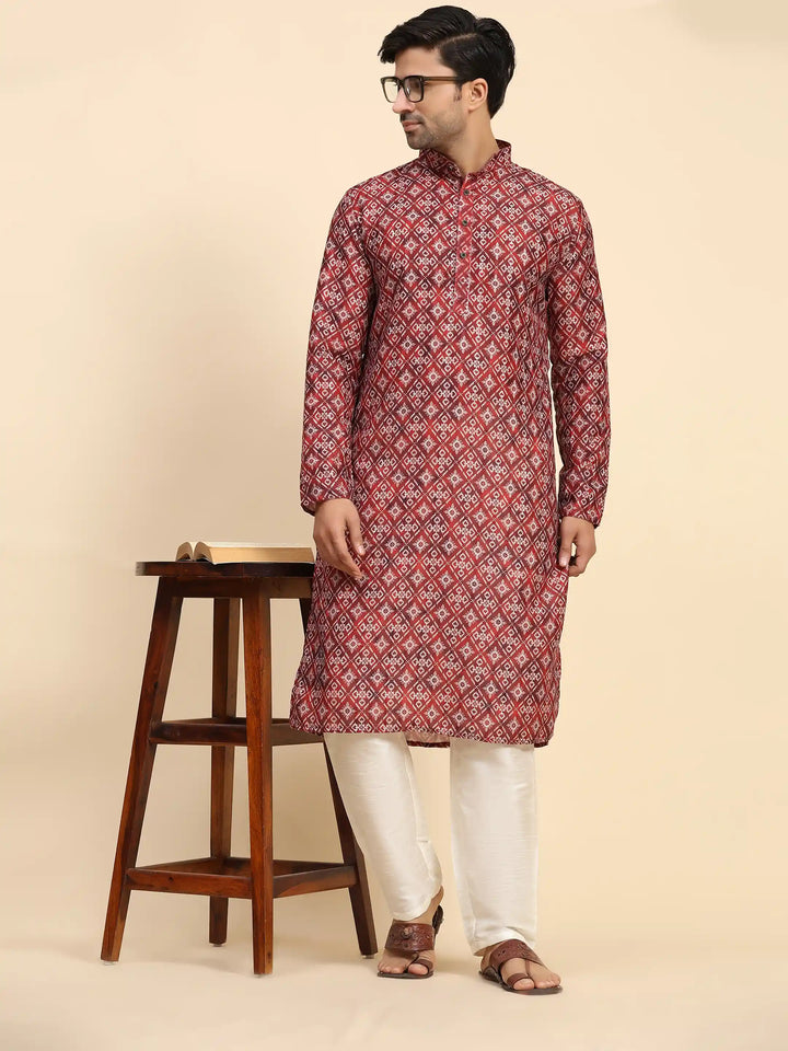Red Kurta Pajama Set for Men | Bold Geometric Print for Sangeet