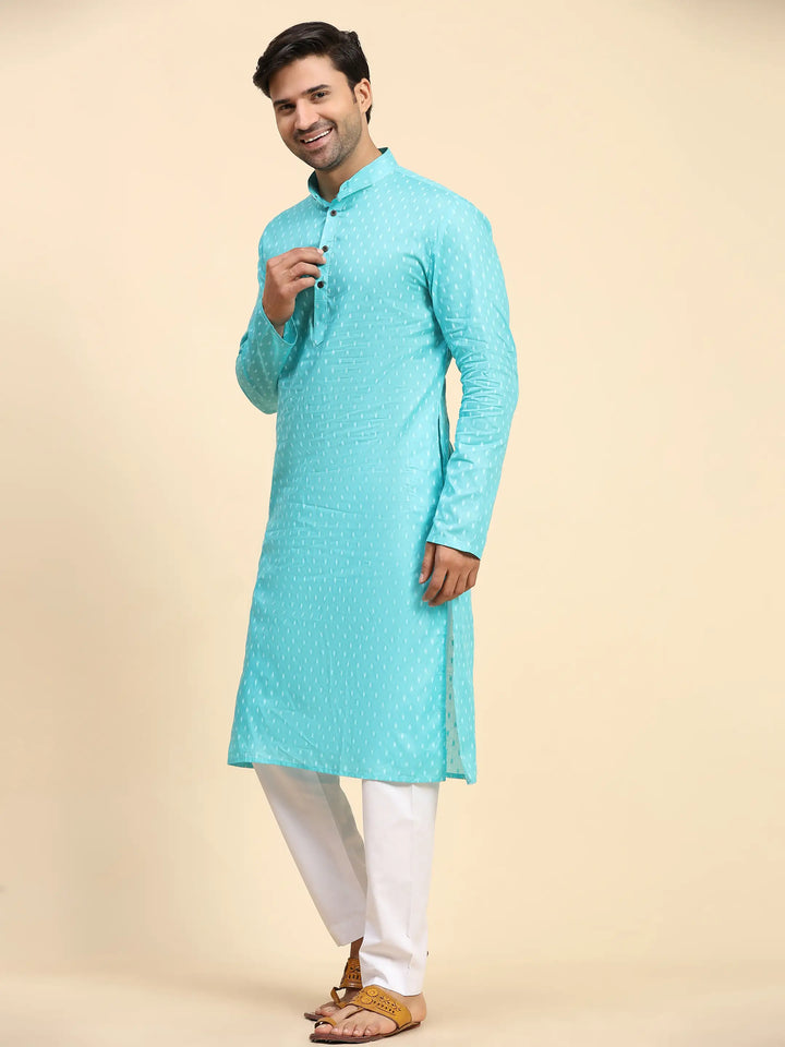 Cyan Blue Kurta Set for Men | Embroidered Kurta Pajama for Festive Wear