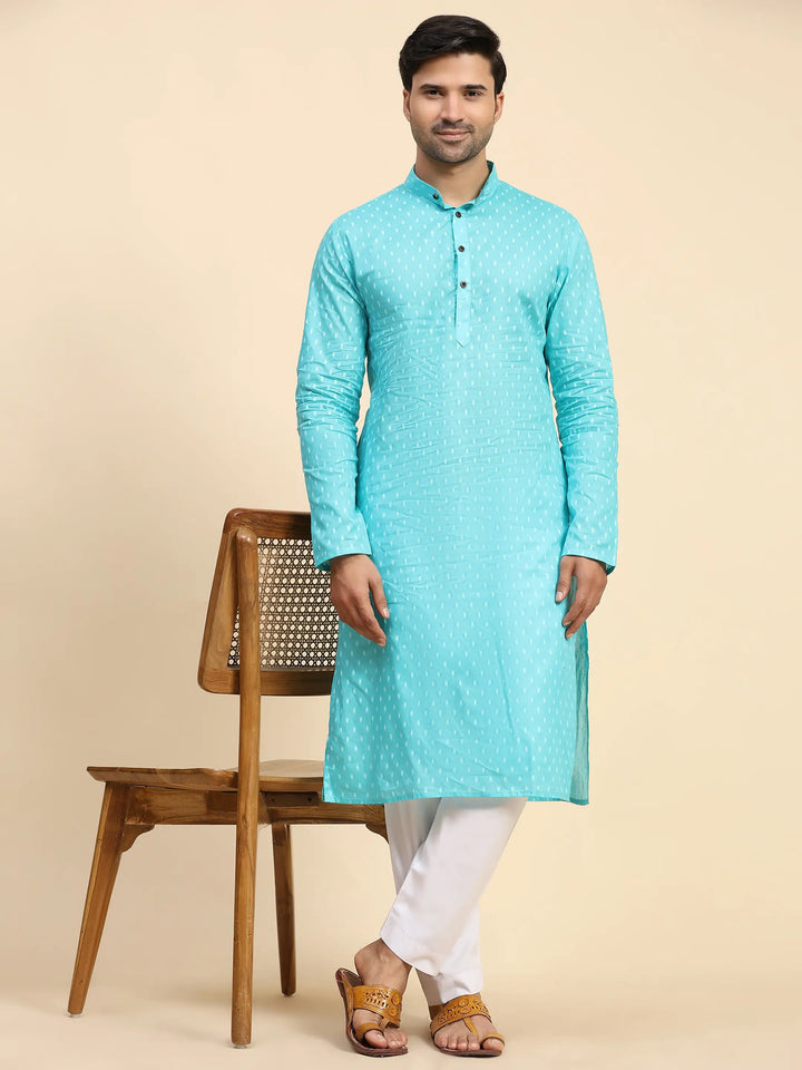 Cyan Blue Kurta Set for Men | Embroidered Kurta Pajama for Festive Wear