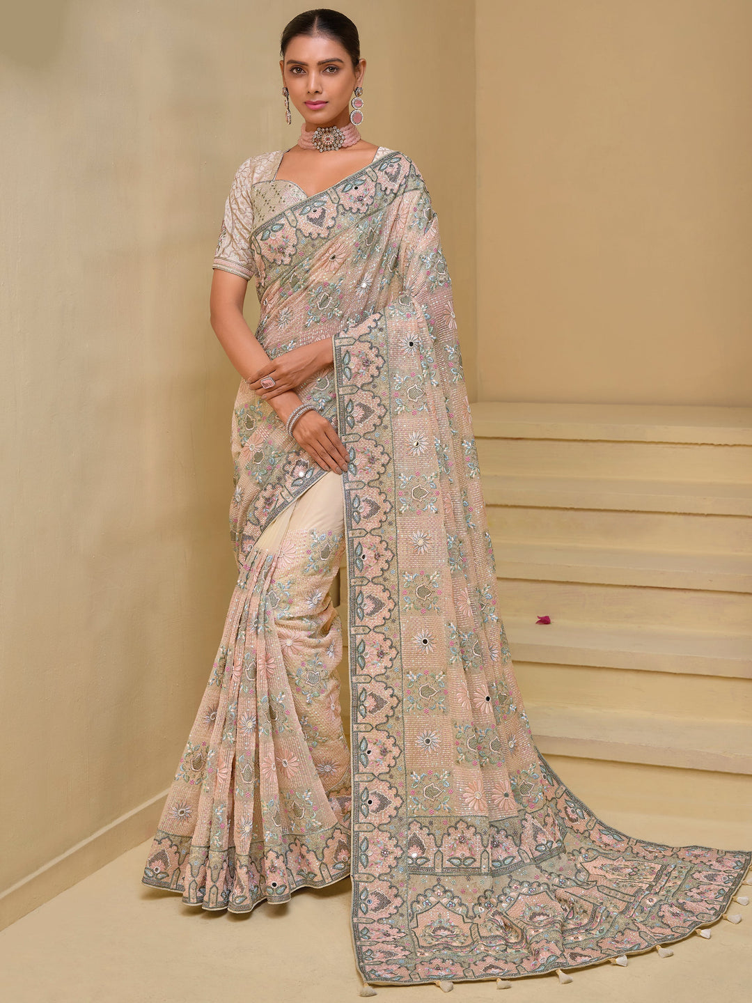 Fabulous Cream Sequins Organza Wedding Wear Saree with Blouse