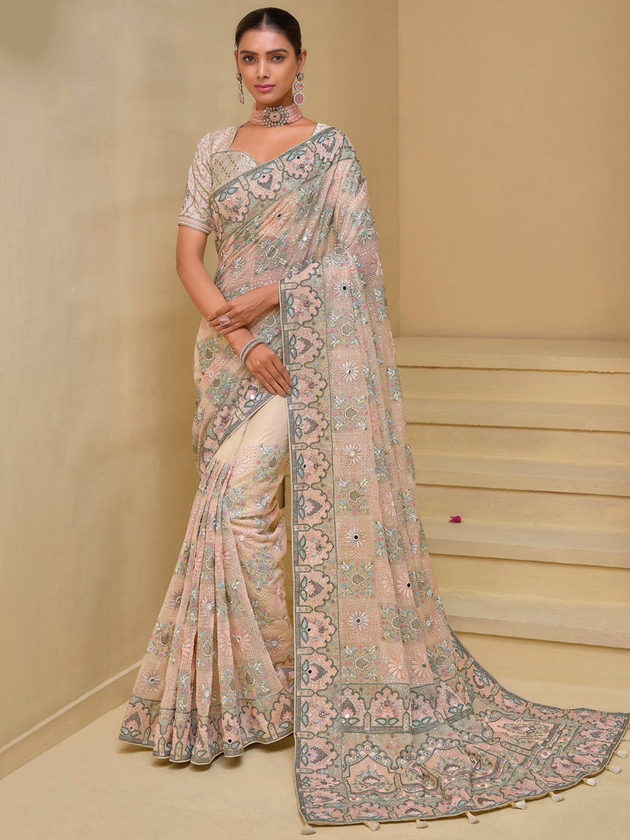 Fabulous Cream Sequins Organza Wedding Wear Saree with Blouse