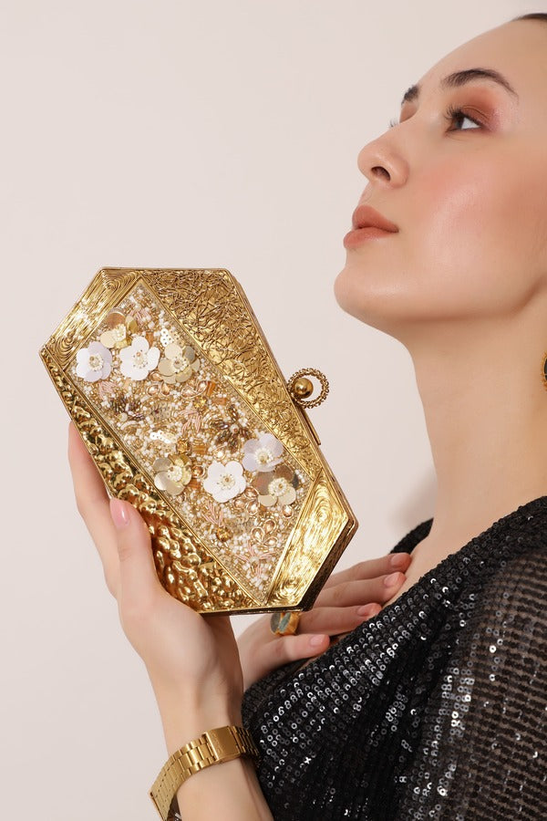 Fatima Gold Embellished Brass Clutch | Handcrafted Luxe Bag for Elegance