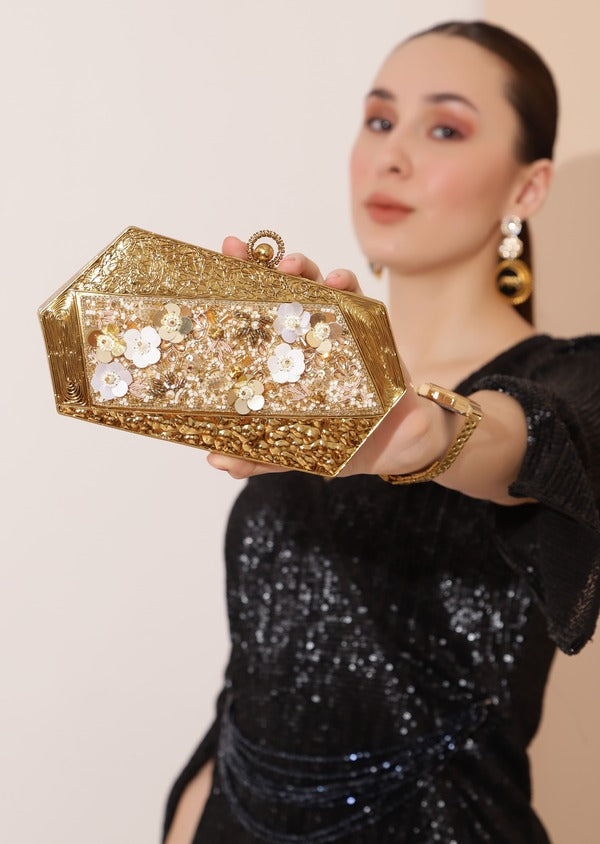 Fatima Gold Embellished Brass Clutch | Handcrafted Luxe Bag for Elegance