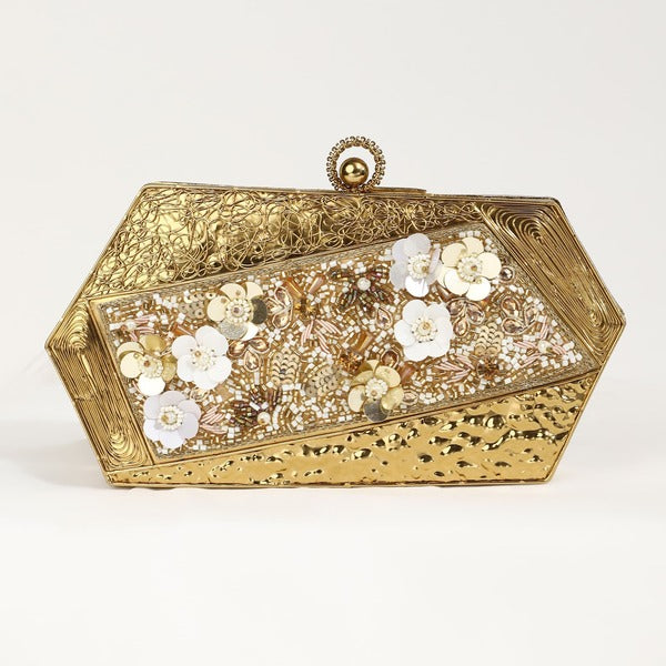 Fatima Gold Embellished Brass Clutch | Handcrafted Luxe Bag for Elegance