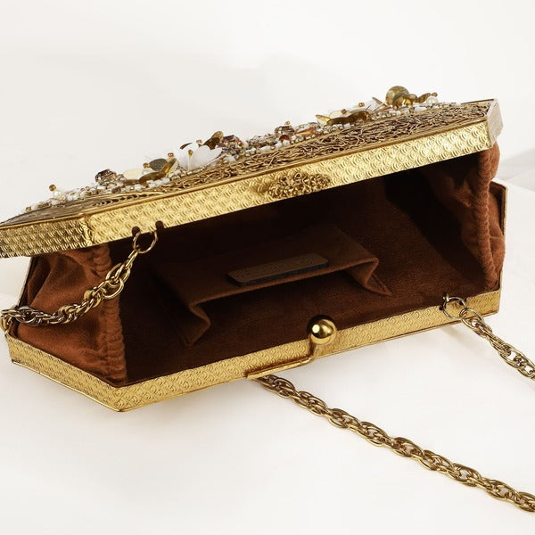 Fatima Gold Embellished Brass Clutch | Handcrafted Luxe Bag for Elegance