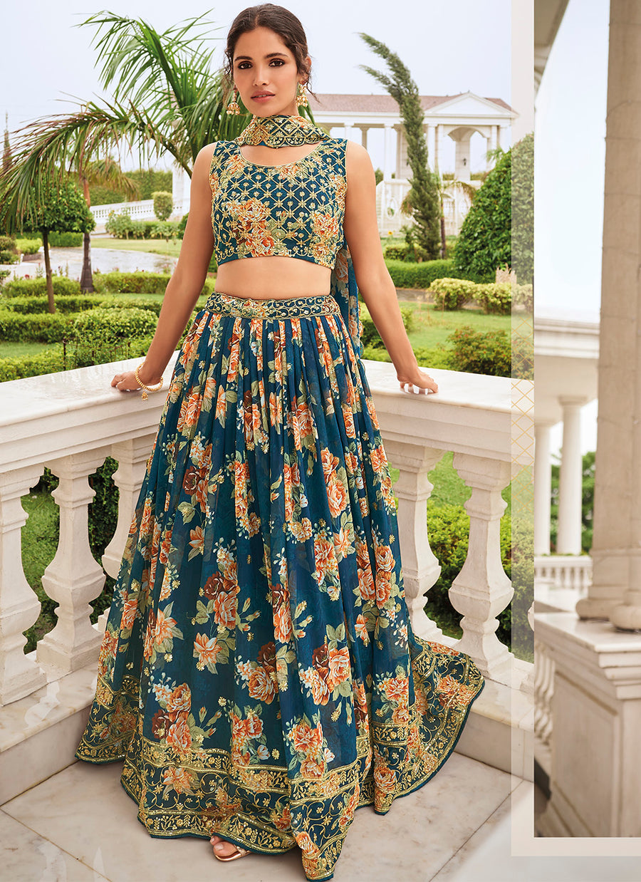 Faux Georgette Lehenga with Resham & Sequins Embroidery

