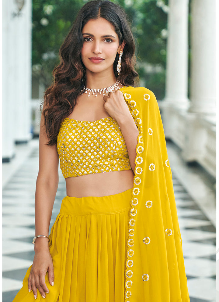 Faux georgette yellow lehenga for women
