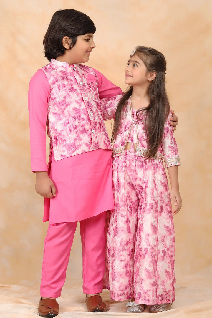Floral Fuchsia Fiesta: Crop Top and Plazzo Perfection with Matching Kurta Pyjama Twin Set for Brother and Sister
