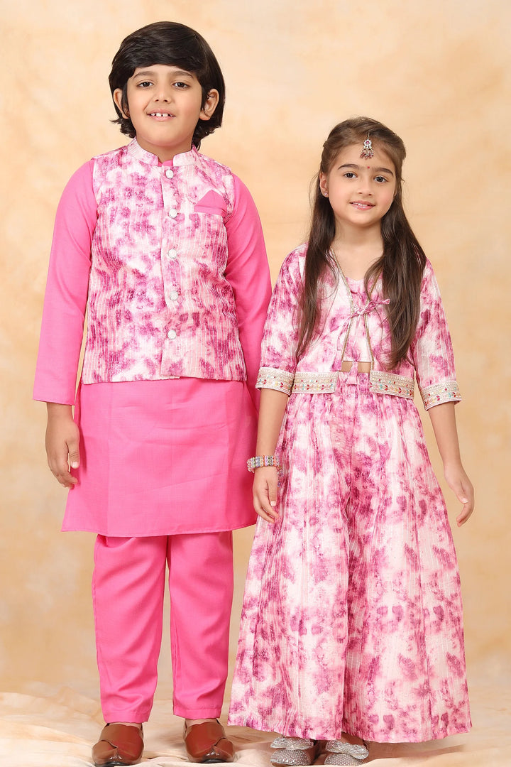 Floral Fuchsia Fiesta: Crop Top and Plazzo Perfection with Matching Kurta Pyjama Twin Set for Brother and Sister