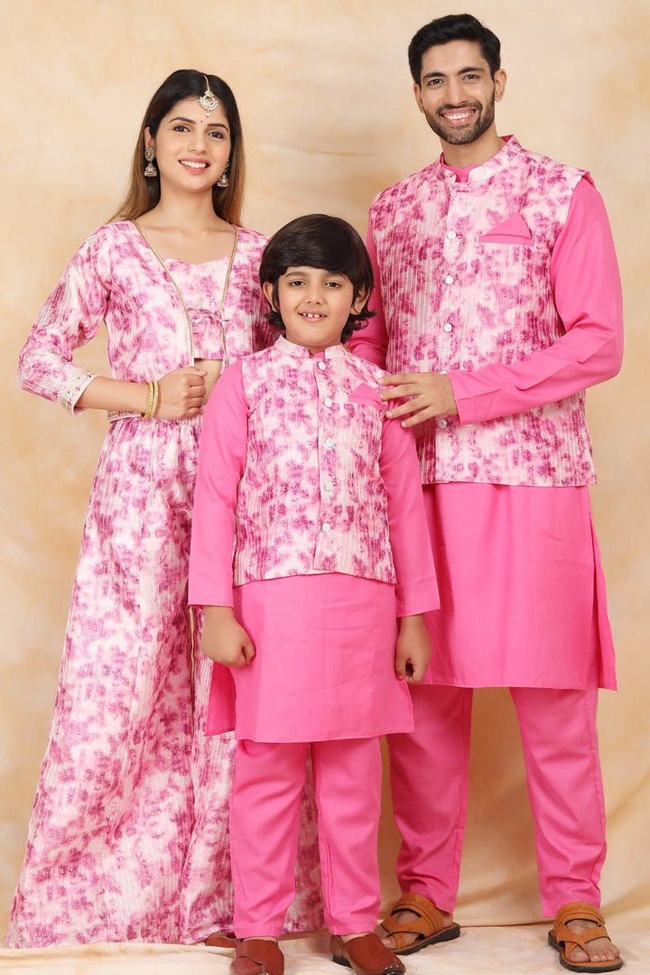 Floral Fuchsia Fiesta: Crop Top and Plazzo Perfection with Matching Kurta Pyjama Family Matching Set