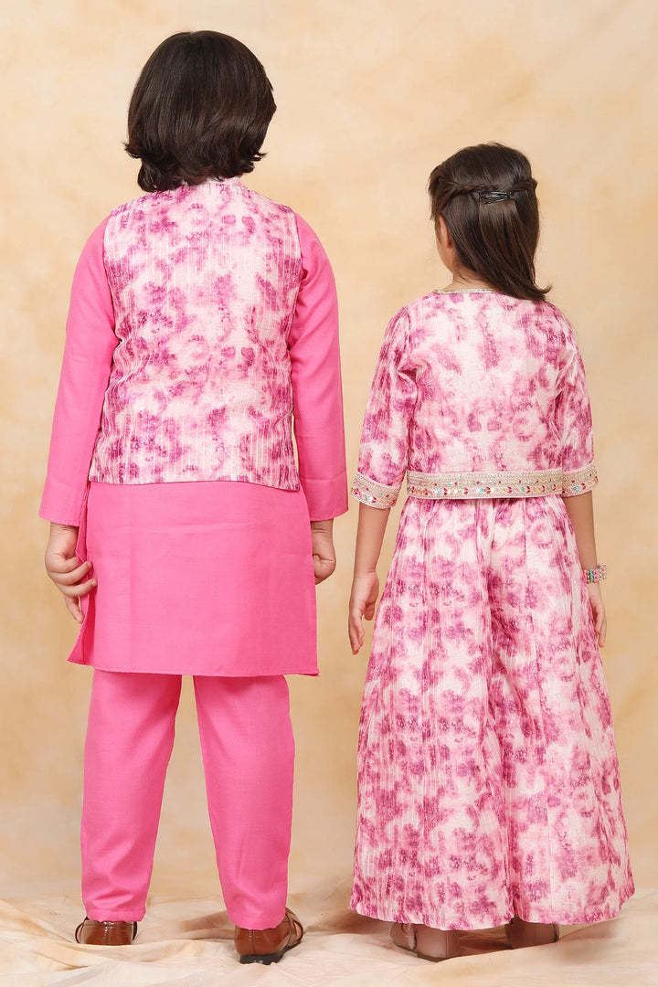 Floral Fuchsia Fiesta: Crop Top and Plazzo Perfection with Matching Kurta Pyjama Twin Set for Brother and Sister