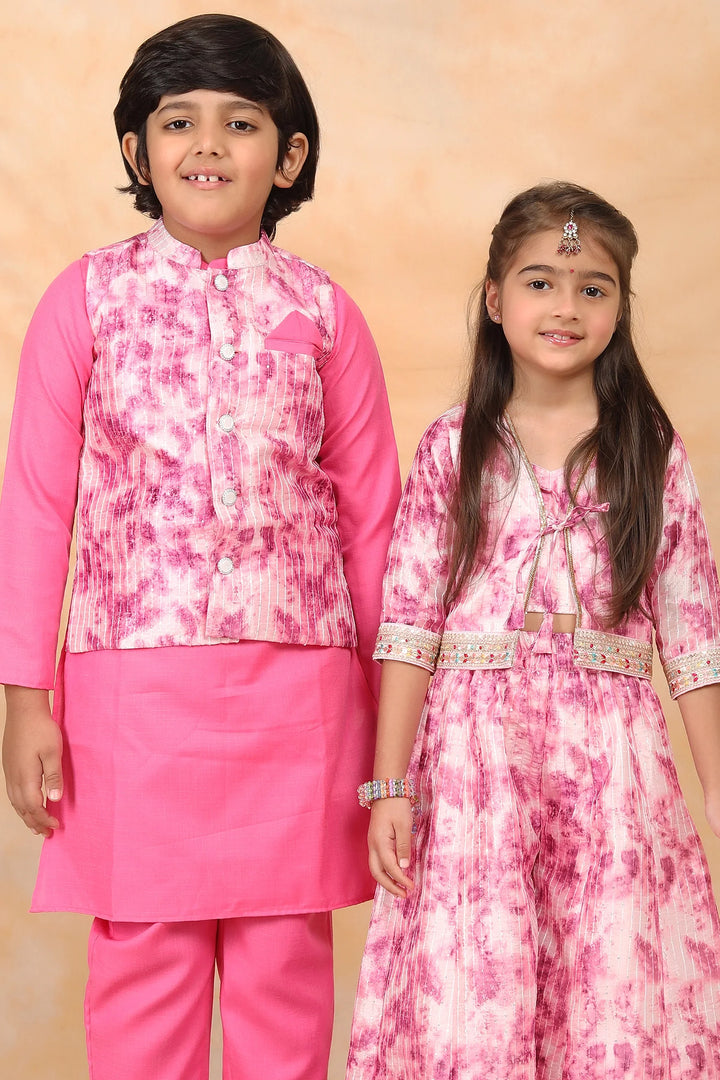 Floral Fuchsia Fiesta: Crop Top and Plazzo Perfection with Matching Kurta Pyjama Twin Set for Brother and Sister