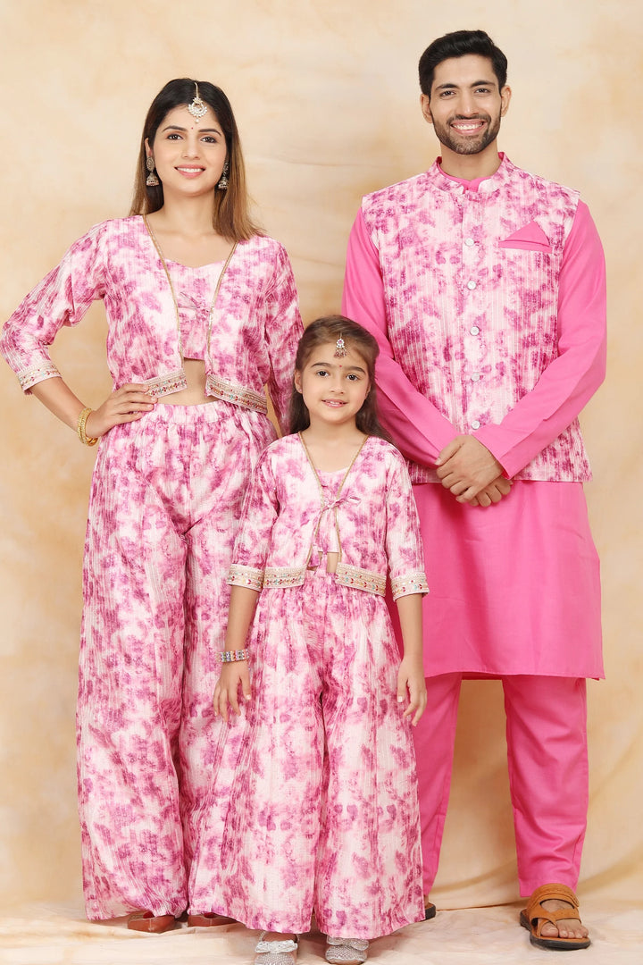 Floral Fuchsia Fiesta: Crop Top and Plazzo Perfection with Matching Kurta Pyjama Family Matching Set