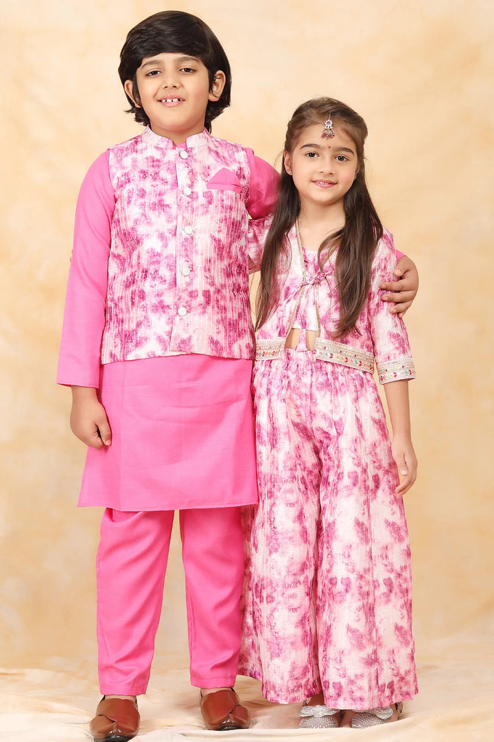 Floral Fuchsia Fiesta: Crop Top and Plazzo Perfection with Matching Kurta Pyjama Twin Set for Brother and Sister