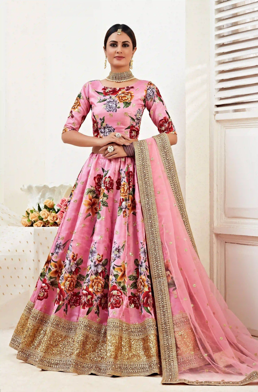 Floral Print Banglori Silk Lehenga with Dori and Jari Embroidery

