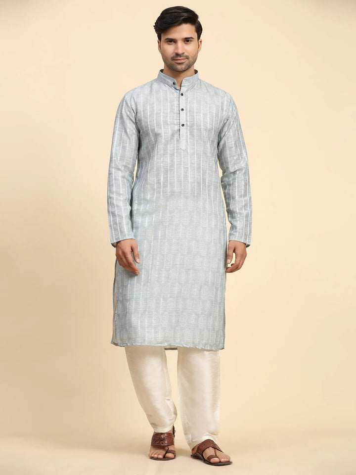 Light-Grey Kurta Pajama Set for Men | Festive Cotton Kurta Wear