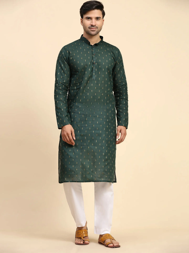 Dark Green Kurta Set for Men | Handwoven Motif Festive Ethnic Wear