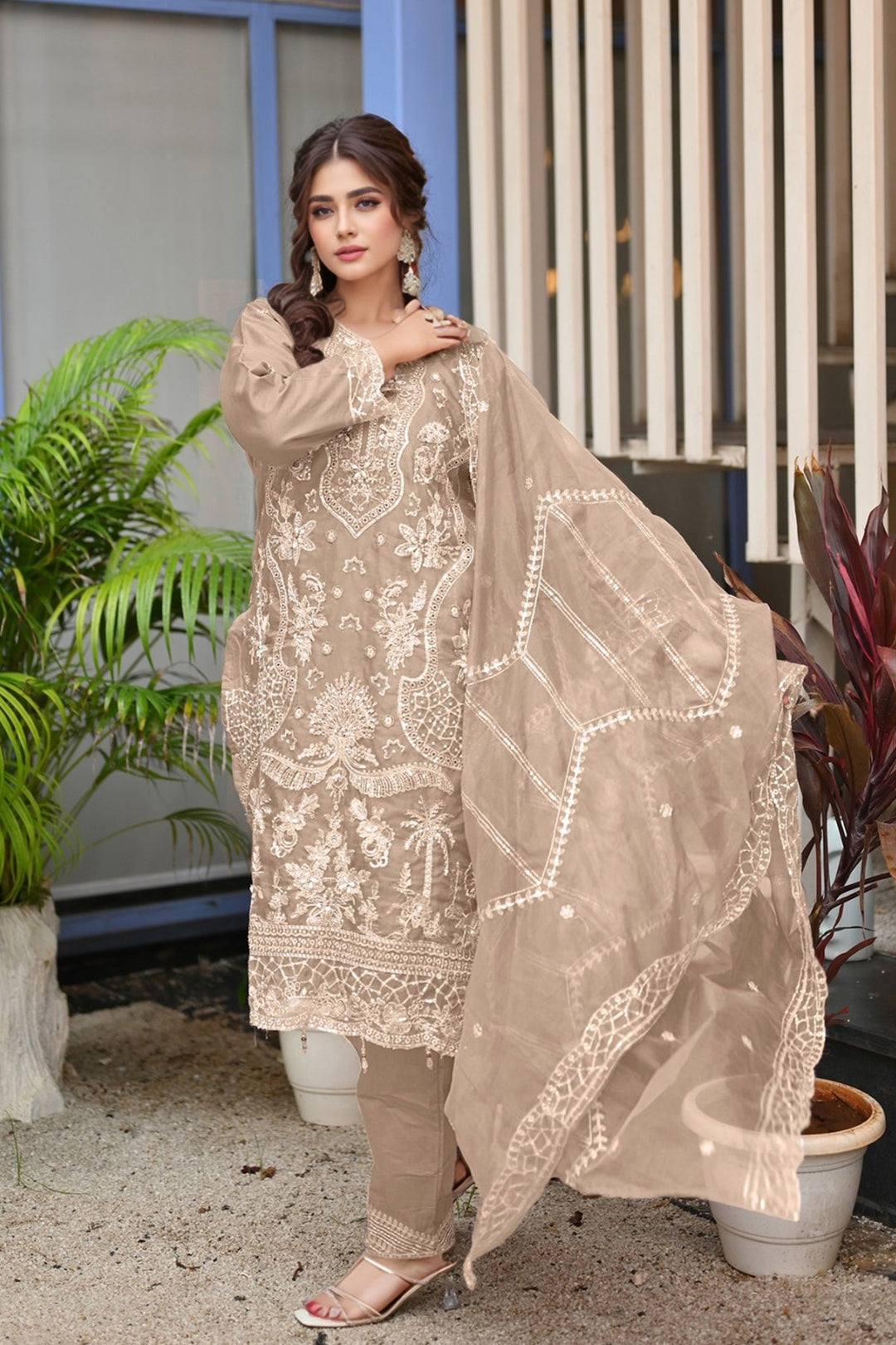 Chiku Organza Suit Set | Timeless Ethnic Attire with a Graceful Dupatta