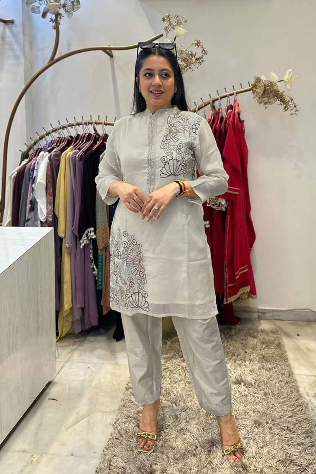 Premium Off-White Embroidered Kurti & Pant Set | Festive Wear for Woman