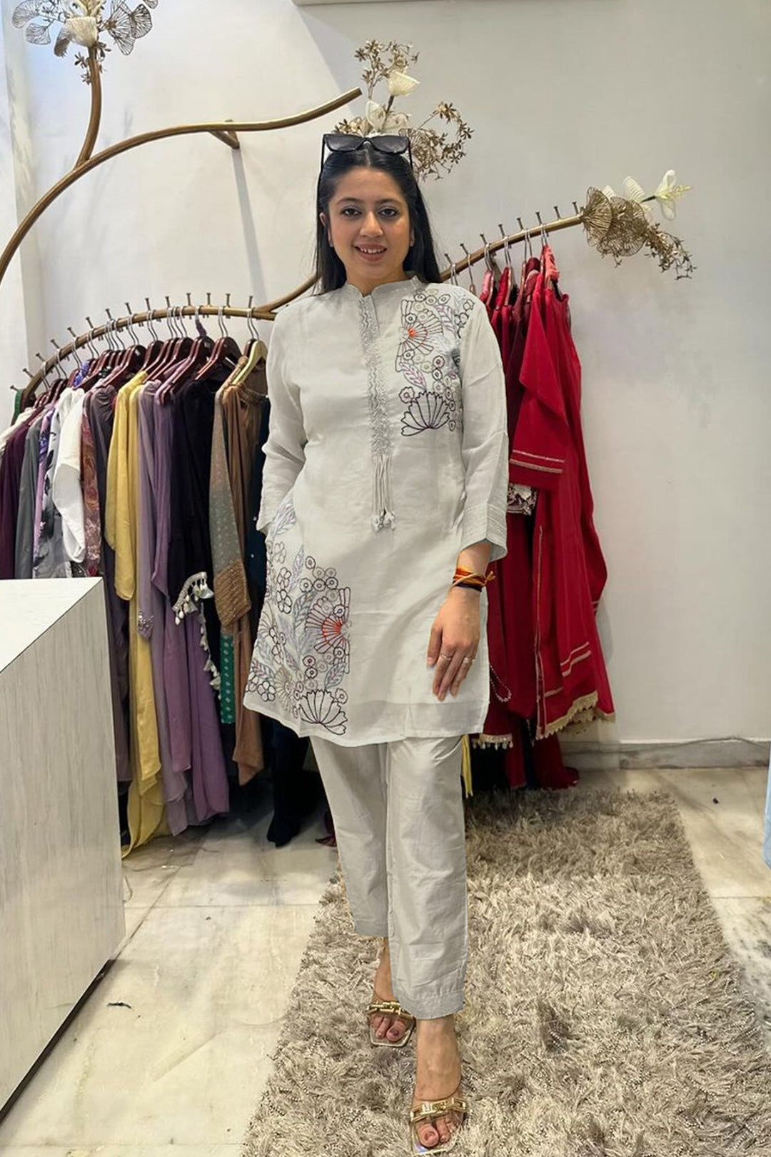 Premium Off-White Embroidered Kurti & Pant Set | Festive Wear for Woman