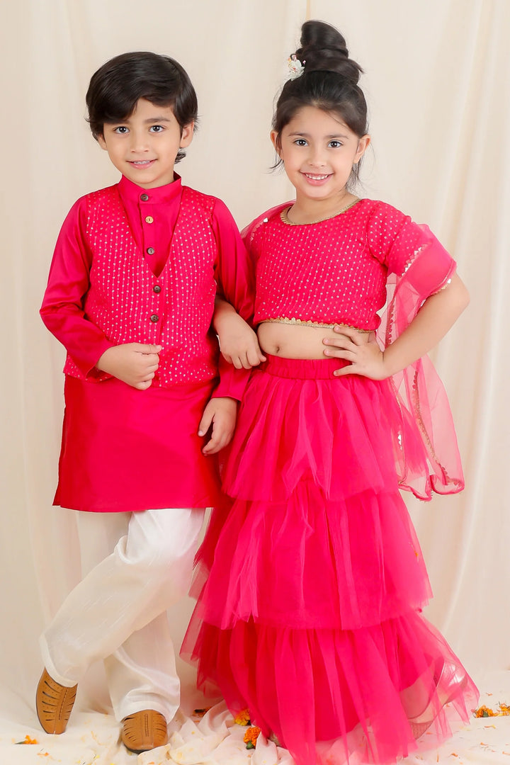 Fuchsia Sequins Lehenga Choli Kurta Pyjama Brother And Sister Twin Set