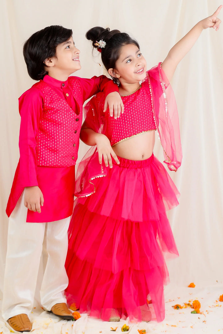 Fuchsia Sequins Lehenga Choli Kurta Pyjama Brother And Sister Twin Set