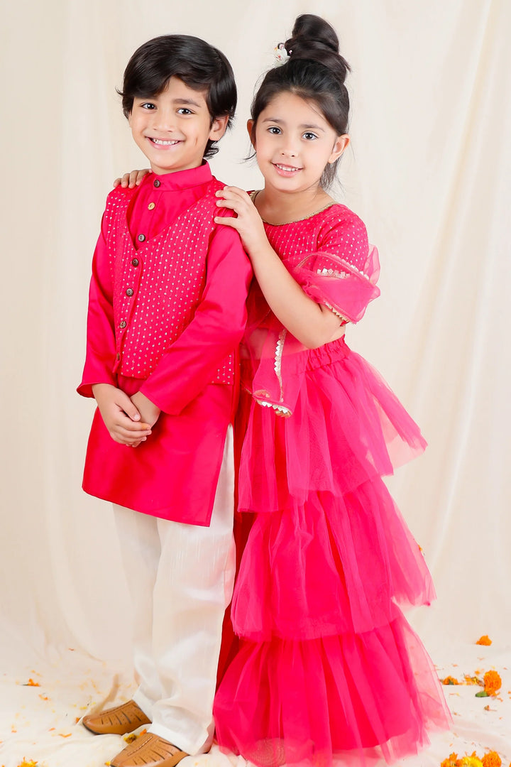 Fuchsia Sequins Lehenga Choli Kurta Pyjama Brother And Sister Twin Set