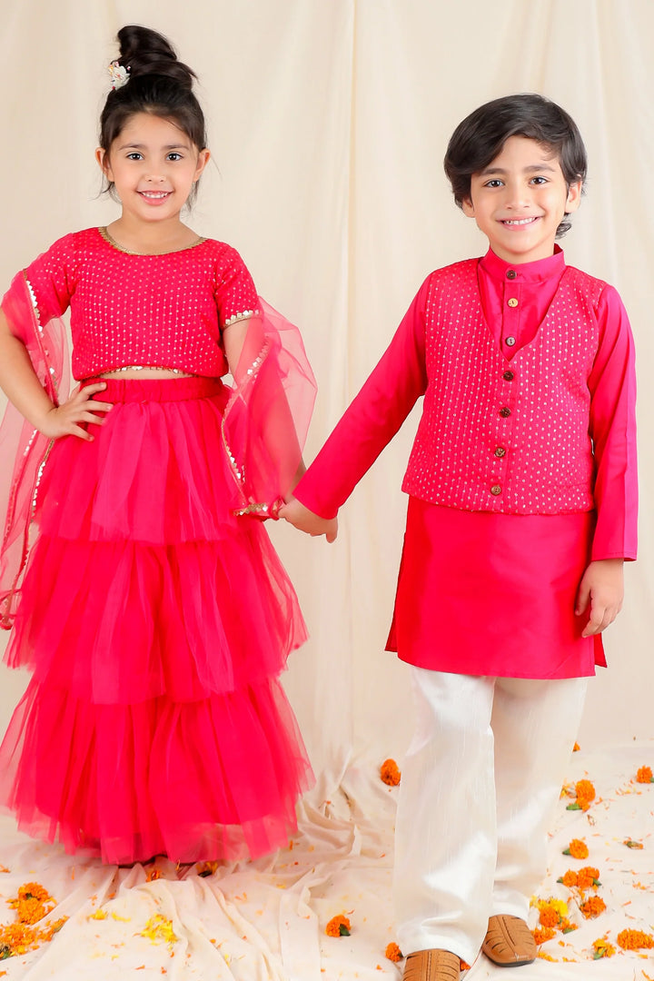 Fuchsia Sequins Lehenga Choli Kurta Pyjama Brother And Sister Twin Set