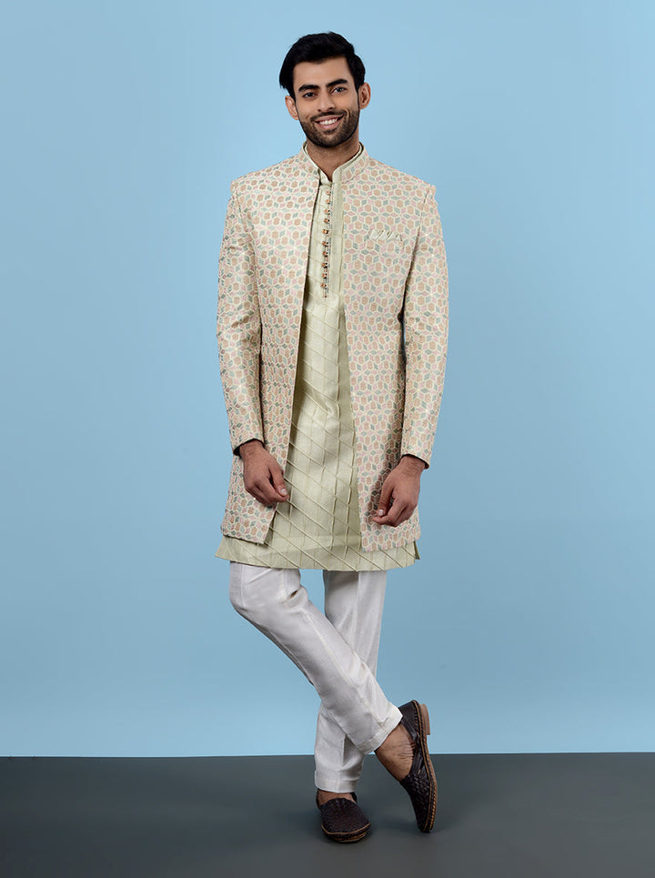 Classic pista green men’s outfit, embroidered for traditional events
