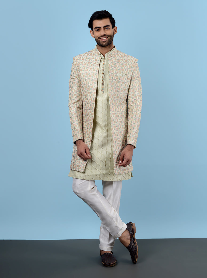 Classic pista green men’s outfit, embroidered for traditional events