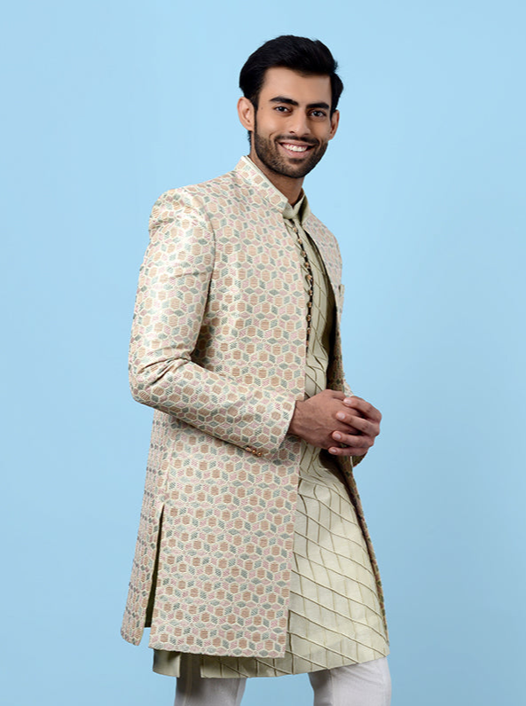 Elegant Pista Green Embroidered Indowestern | Silk Blend for Men