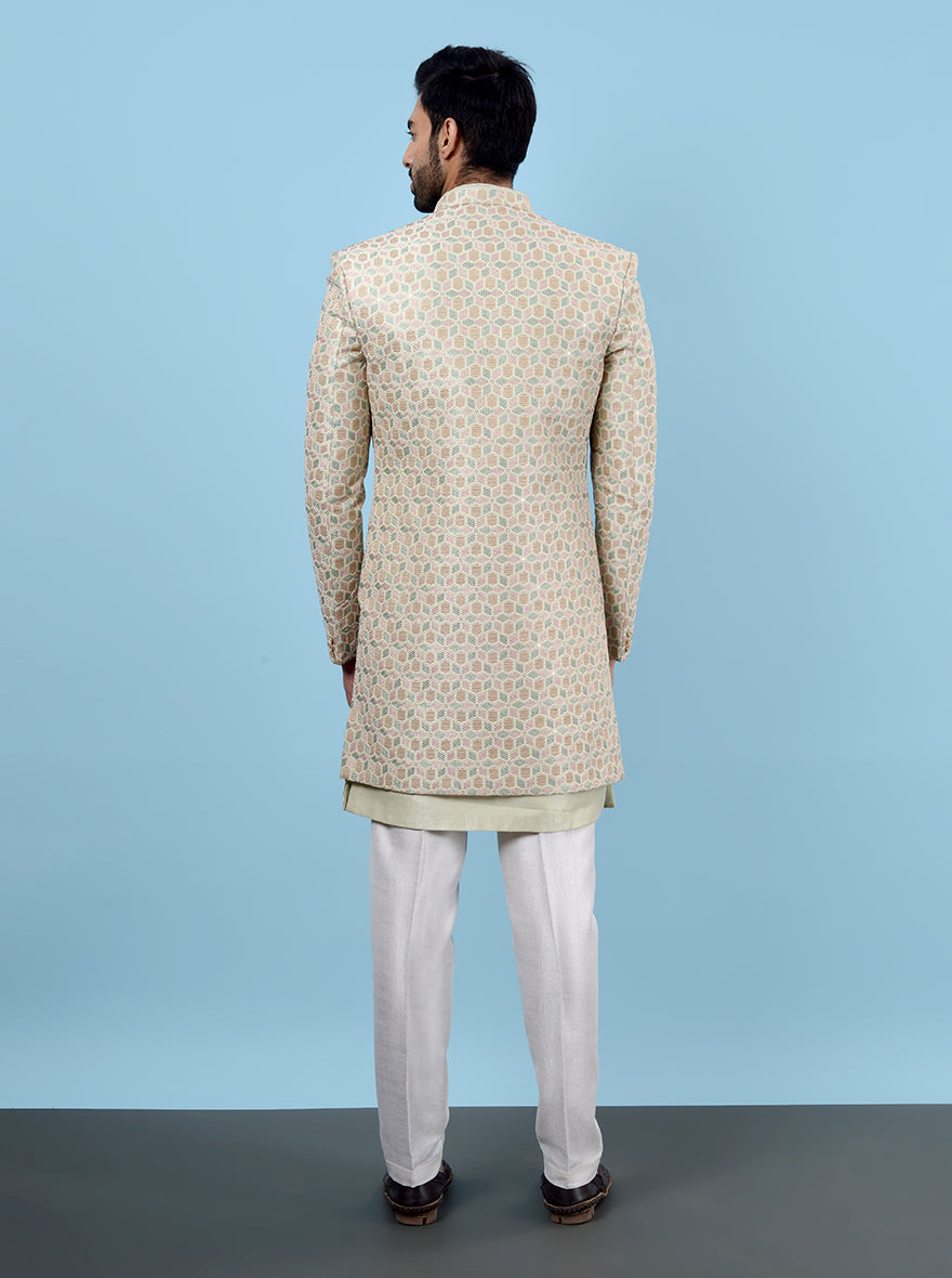Stylish pista green ethnic wear, silk blend with resham work