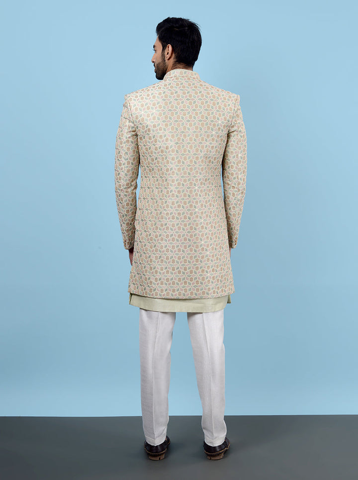 Stylish pista green ethnic wear, silk blend with resham work