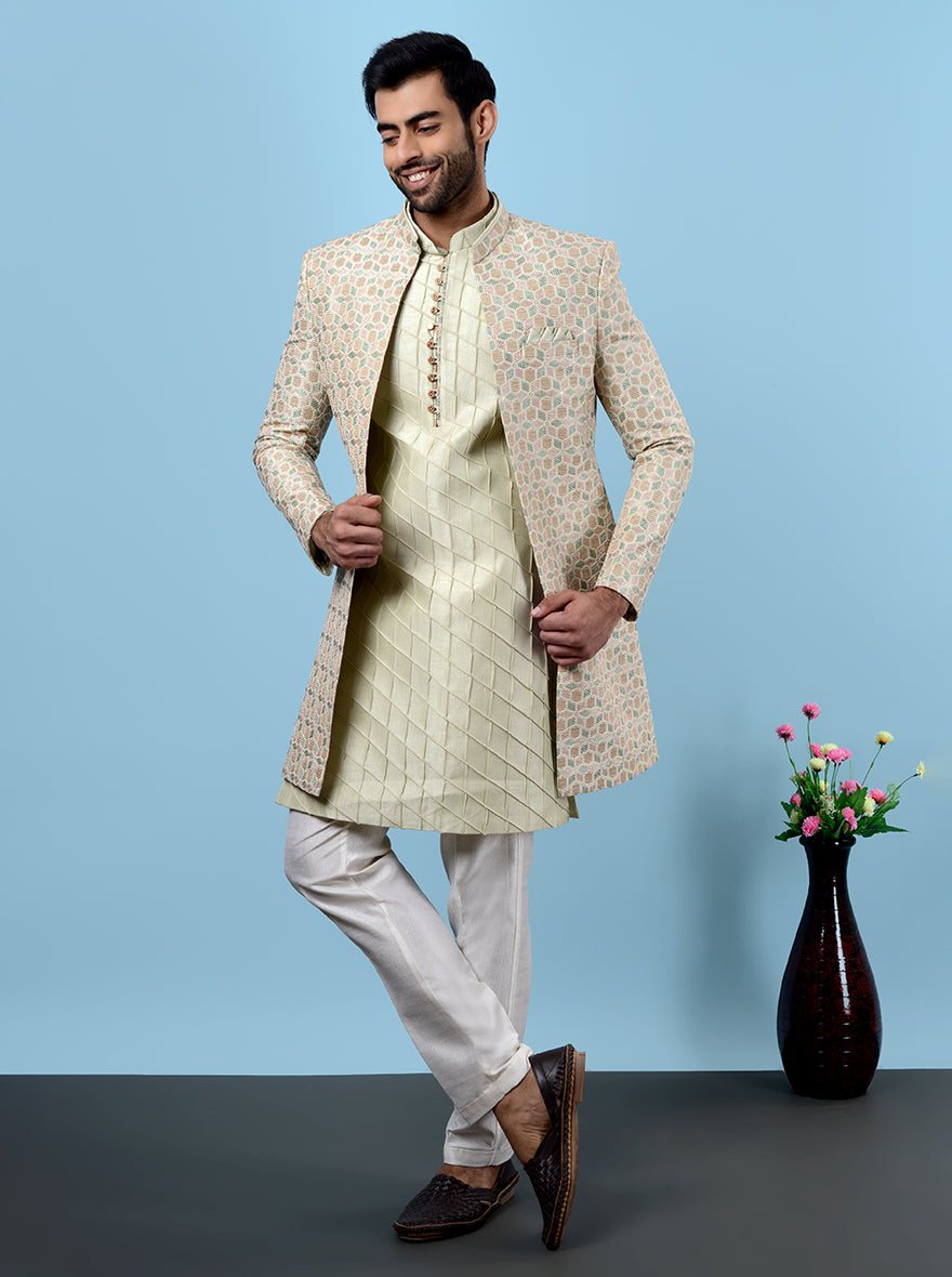 Elegant pista green Indowestern with resham and sequins embroidery