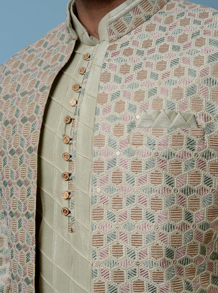 Men’s pista green Indowestern, full-sleeve with sequins embroidery