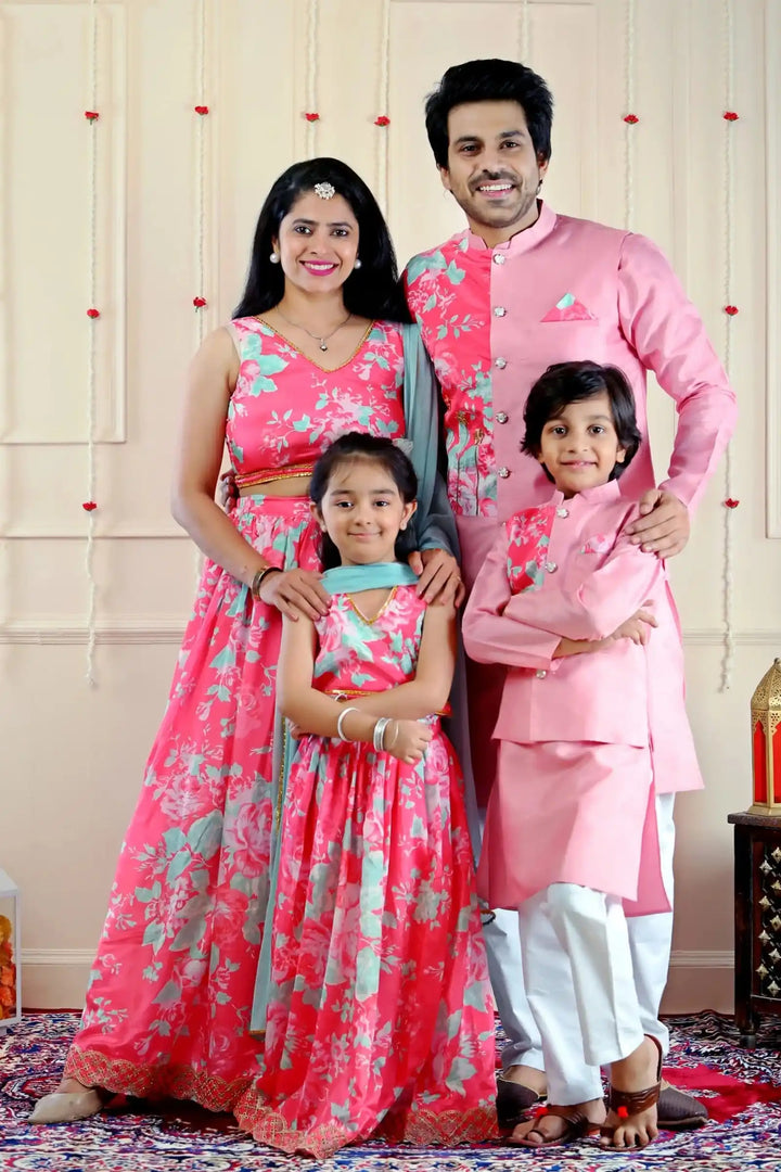 Pink and Blue Floral Lehenga Choli with Matching Kurta Pajama and Jacket Family Twin Set