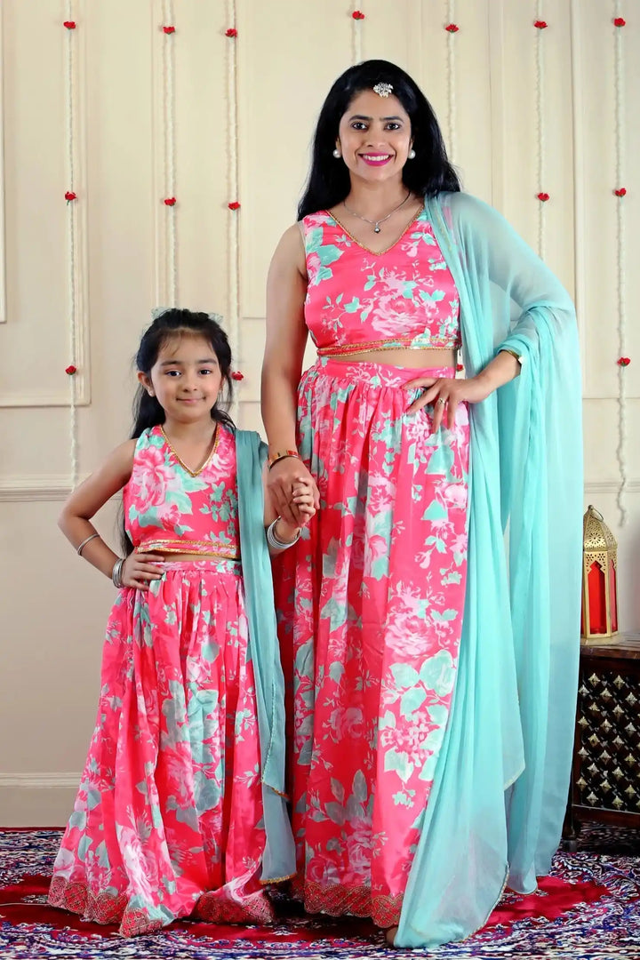 Pink and Blue Floral Lehenga Choli with Matching Kurta Pajama and Jacket Family Twin Set