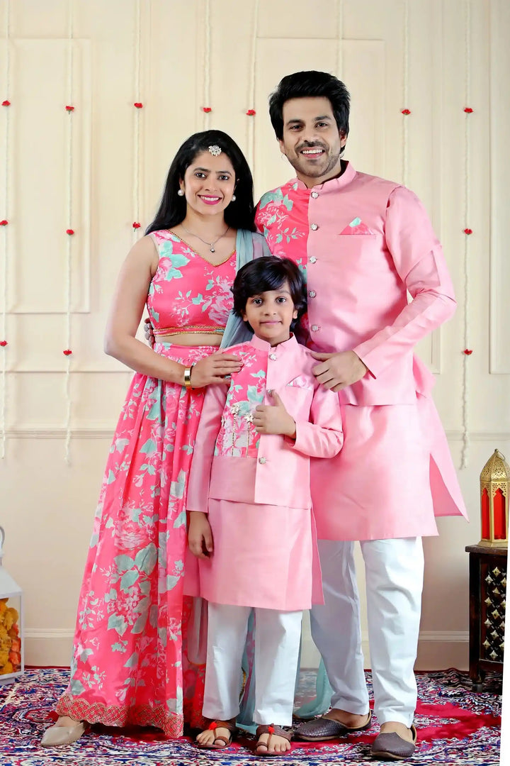 Pink and Blue Floral Lehenga Choli with Matching Kurta Pajama and Jacket Family Twin Set