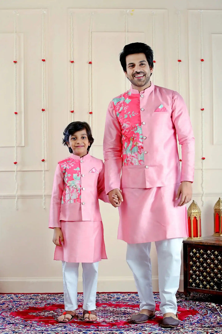 Pink and Blue Floral Lehenga Choli with Matching Kurta Pajama and Jacket Family Twin Set