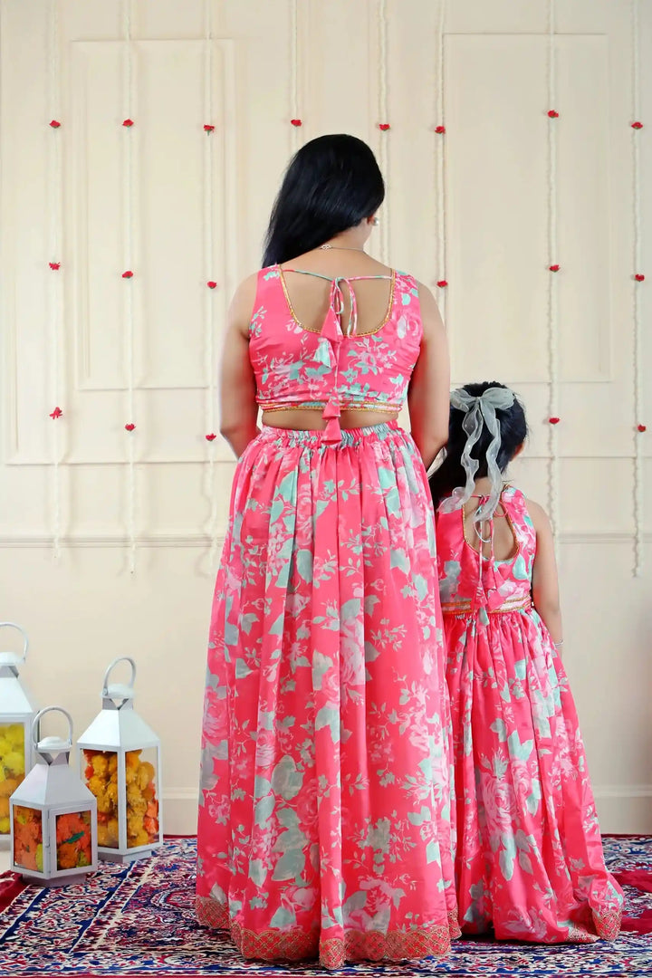 Pink and Blue Floral Lehenga Choli with Matching Kurta Pajama and Jacket Family Twin Set