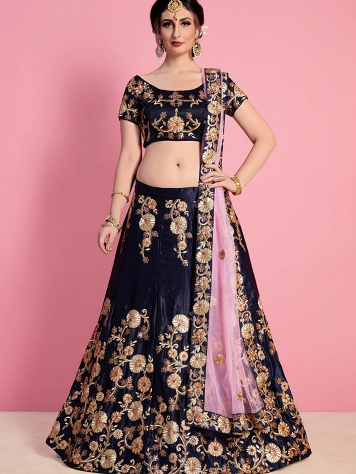 Luxury Navy Lehenga Velvet Silk | Intricate Embroidery Royal Ethnic Wear