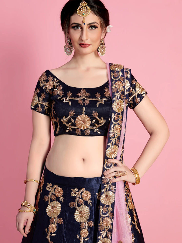 Luxury Navy Lehenga Velvet Silk | Intricate Embroidery Royal Ethnic Wear