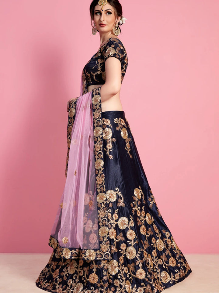 Luxury Navy Lehenga Velvet Silk | Intricate Embroidery Royal Ethnic Wear
