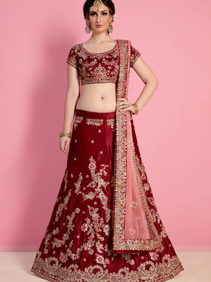 Regal Maroon Bridal Lehenga | Velvet Silk Outfit Wedding Wear Party Ready