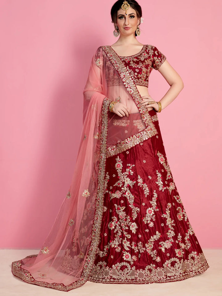 Regal Maroon Bridal Lehenga | Velvet Silk Outfit Wedding Wear Party Ready